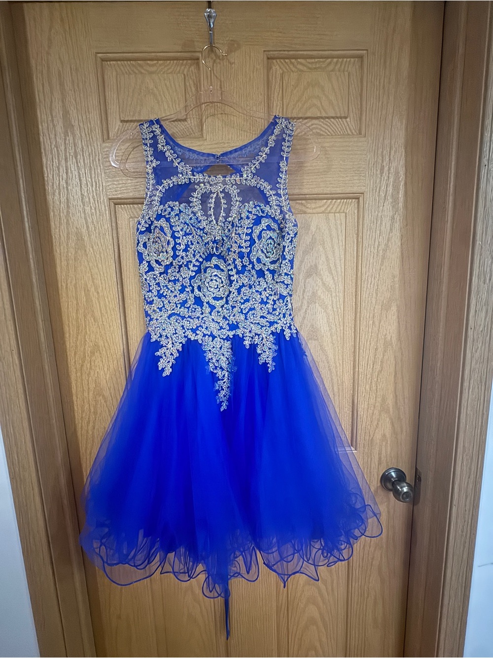 Girls Royal Blue Tulle Dress with Silver Embroidery
